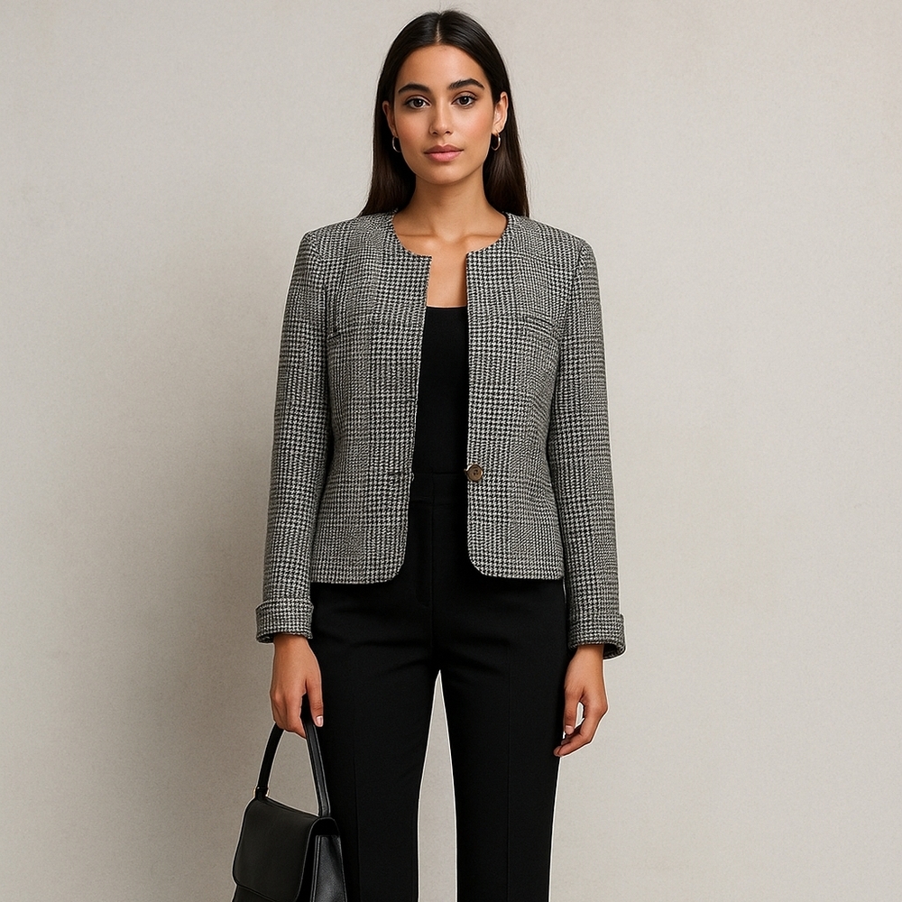 Giorgio Armani Plaid Houndstooth Collarless Wool Blazer Jacket Size 42/6